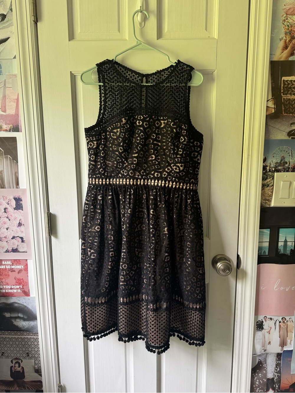 Eliza J Black Lace & Gold-Accent Fit-and-Flare Midi Dress
